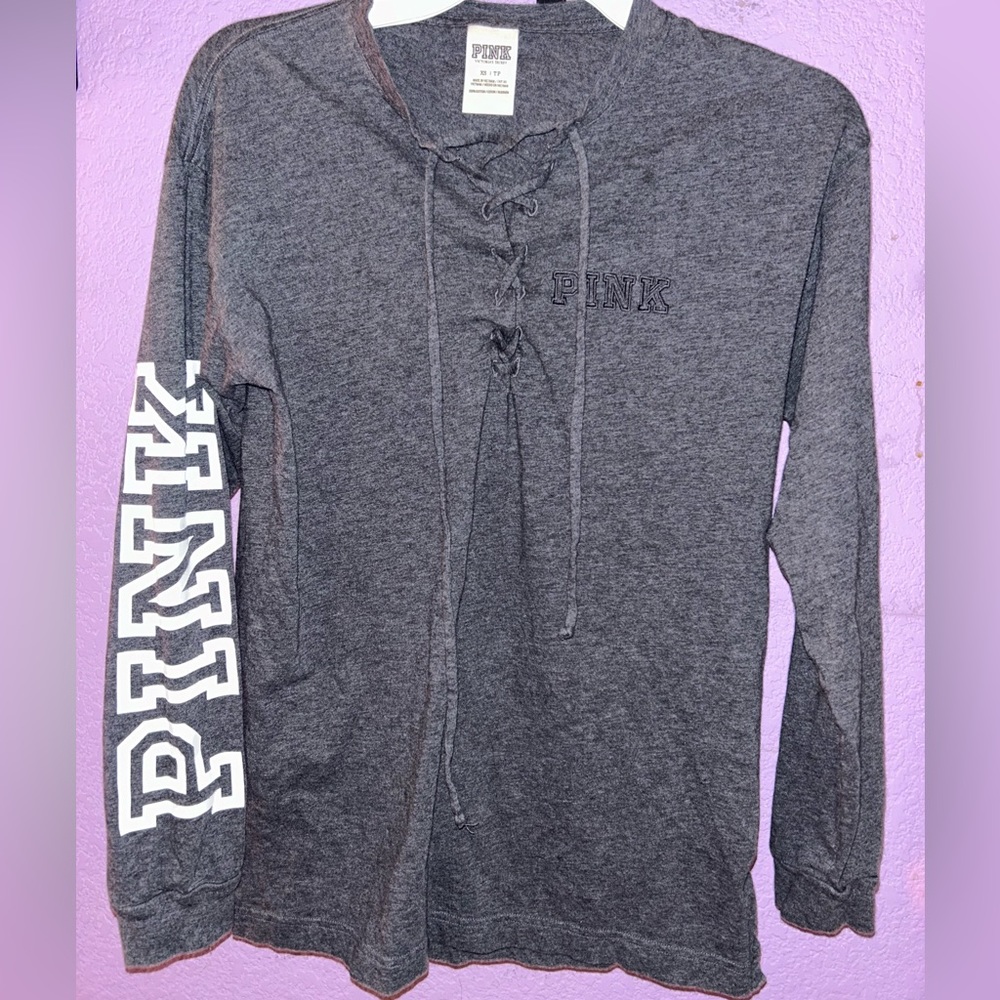 Victorias Secret Pink Logo Lace Up Long Sleeve Tee/XS/Dark Gray
